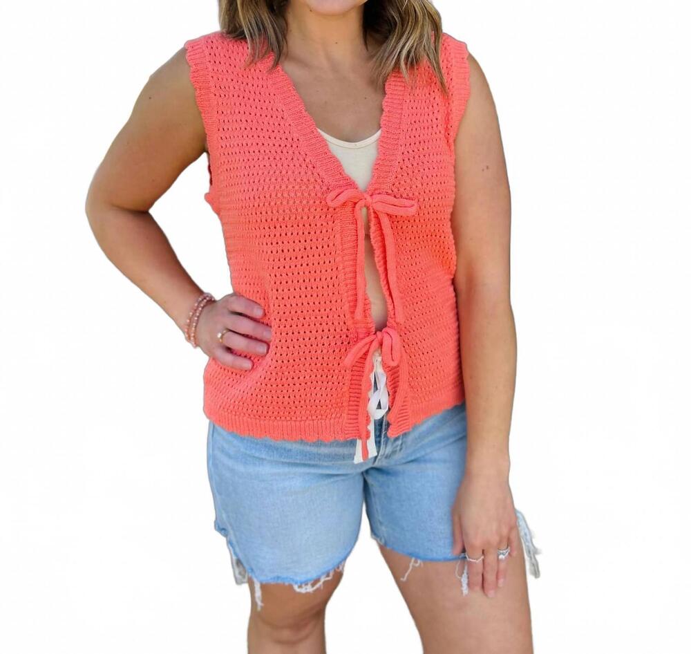 NEW STACCATO kiss tie cardigan top in coral